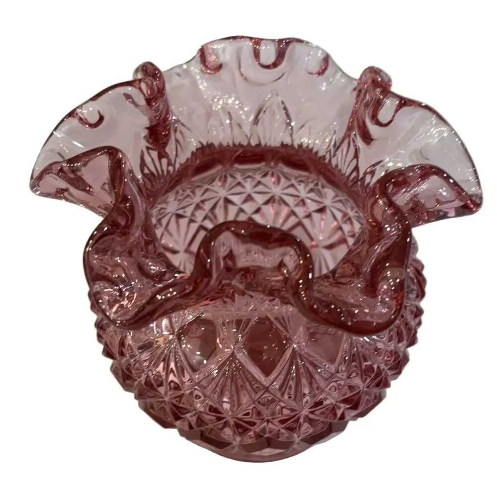 Fenton cranberry Ruffled Crimped Rim bowl vase Diamond Pattern Glass 4
